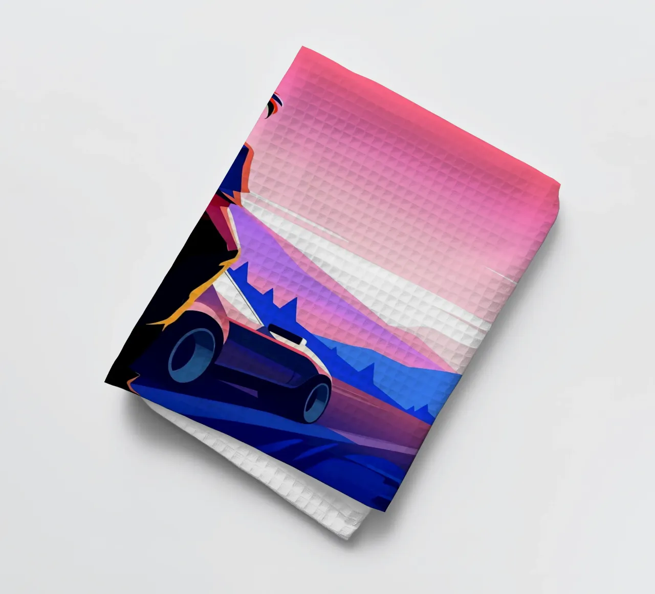 Un ragazzo in piedi vicino alla sua auto a Hillside Lofi Art canovaccio da cucina da LoFi Gallery