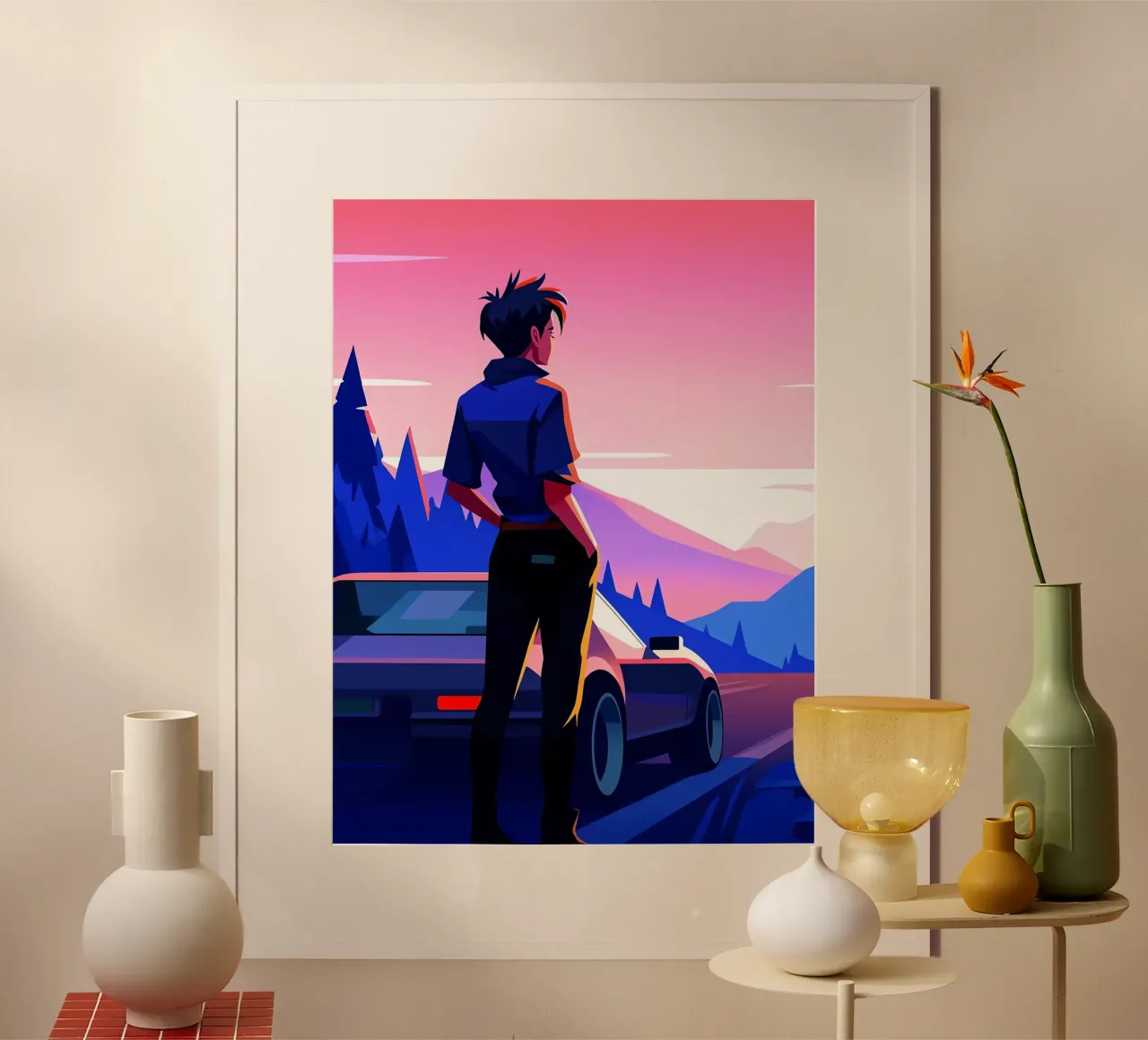 Un ragazzo in piedi vicino alla sua auto a Hillside Lofi Art poster con telaio in plastica da LoFi Gallery