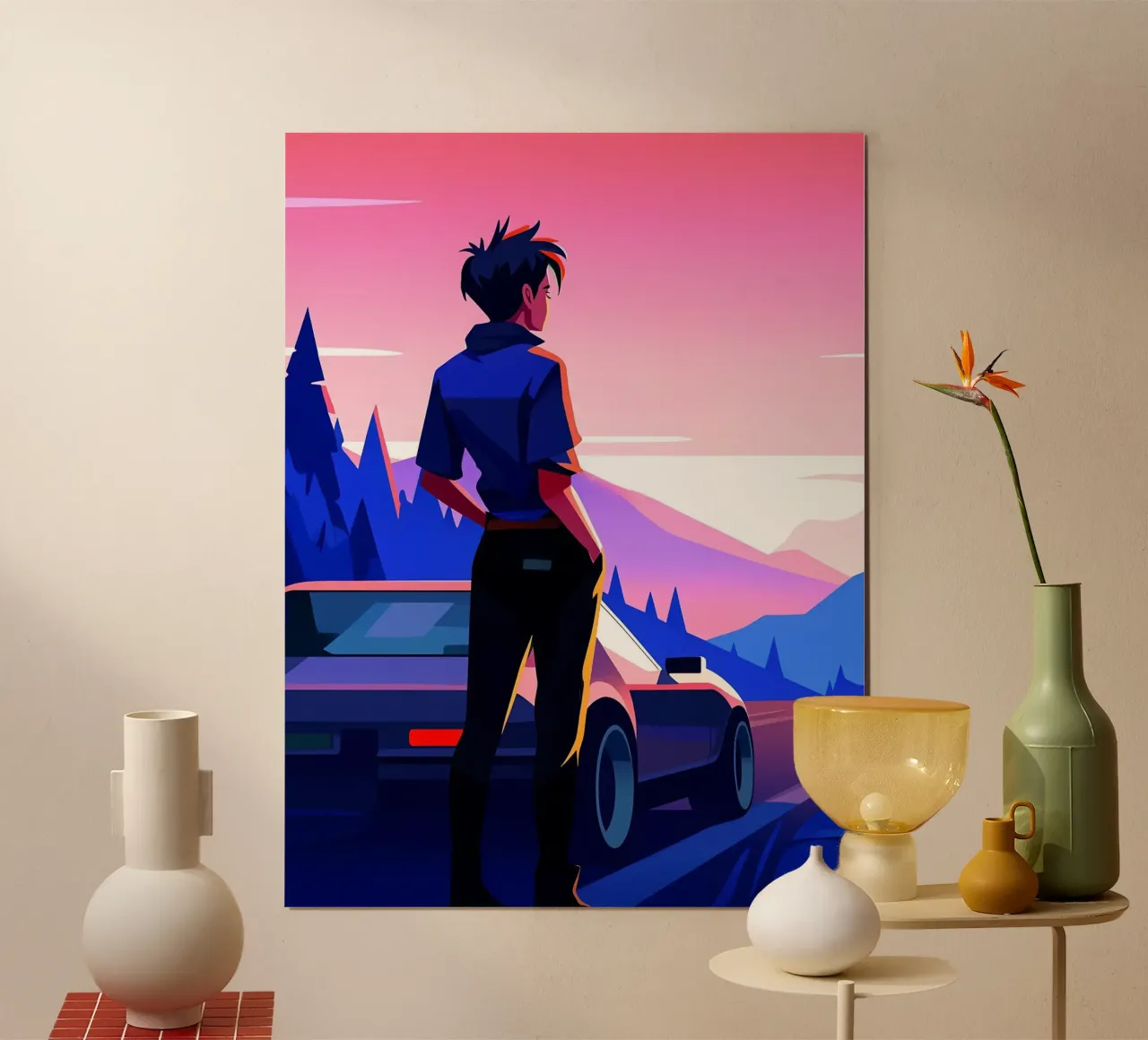 Un ragazzo in piedi vicino alla sua auto a Hillside Lofi Art poster con telaio in plastica da LoFi Gallery