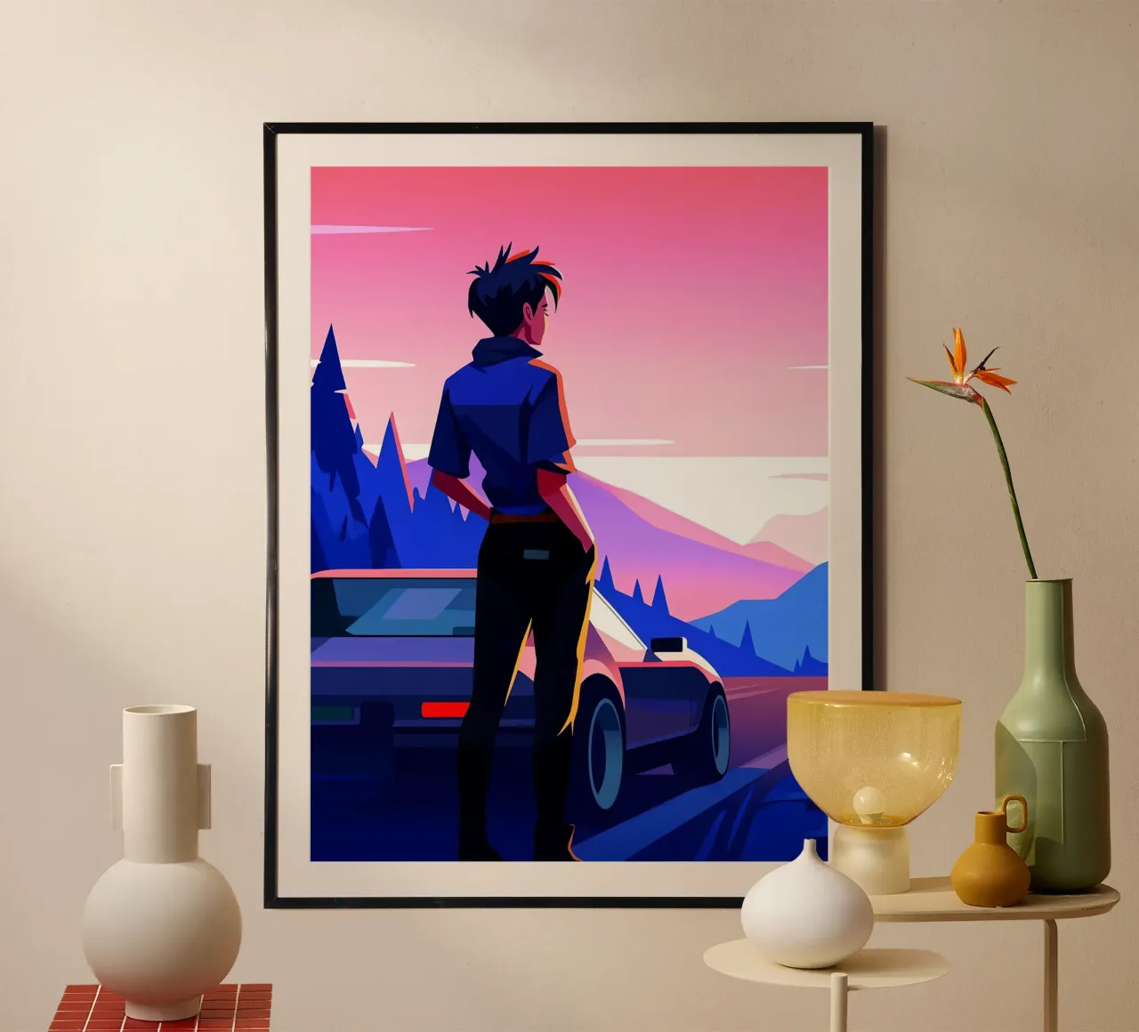 Un ragazzo in piedi vicino alla sua auto a Hillside Lofi Art poster con telaio in plastica da LoFi Gallery