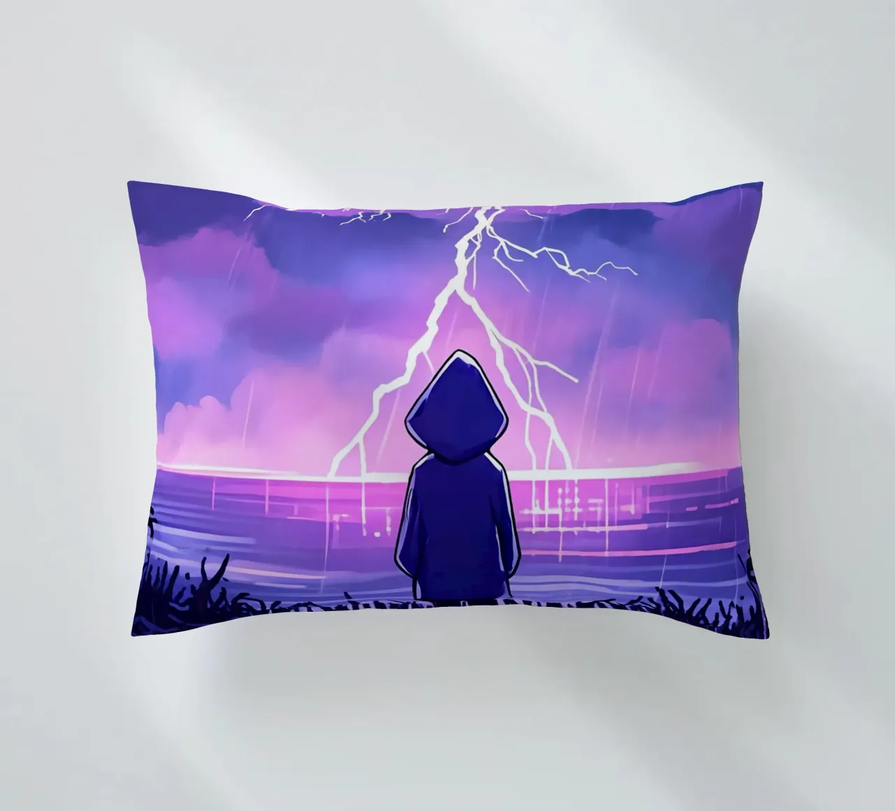 Un ragazzo in piedi e guardando l'oceano Tempesta di fulmini Lofi Art cuscino da LoFi Gallery