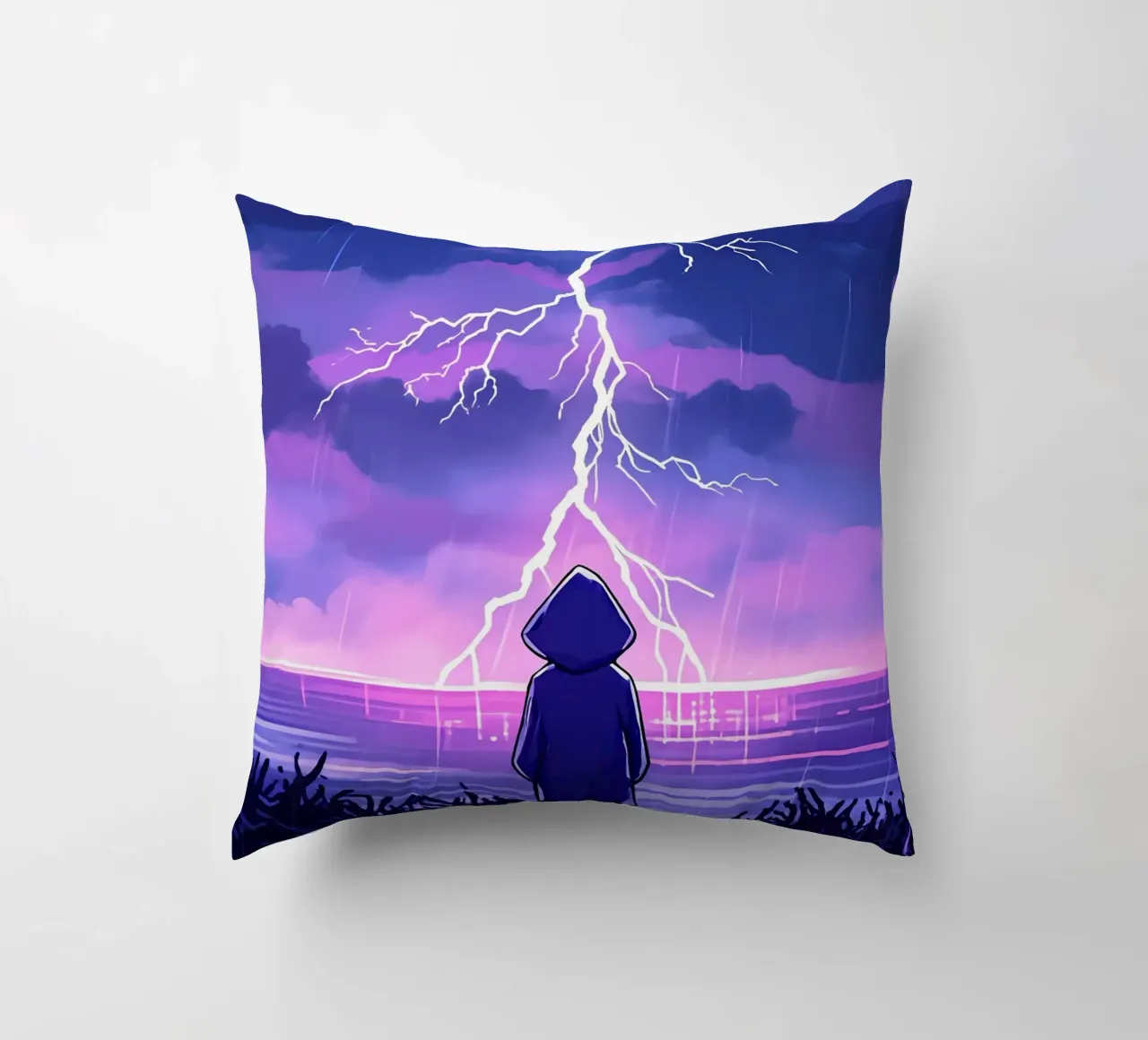 Un ragazzo in piedi e guardando l'oceano Tempesta di fulmini Lofi Art cuscino da LoFi Gallery