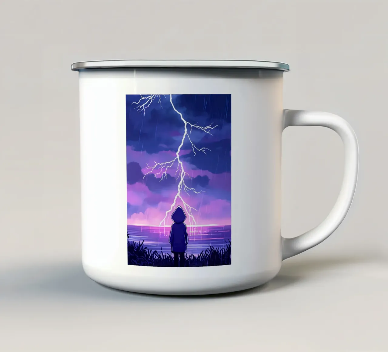 Un ragazzo in piedi e guardando l'oceano Tempesta di fulmini Lofi Art tazza in smalto da LoFi Gallery