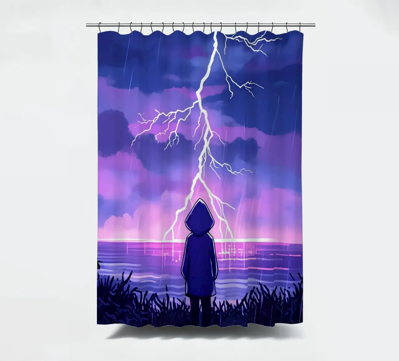 Un ragazzo in piedi e guardando l'oceano Tempesta di fulmini Lofi Art tenda da doccia da LoFi Gallery