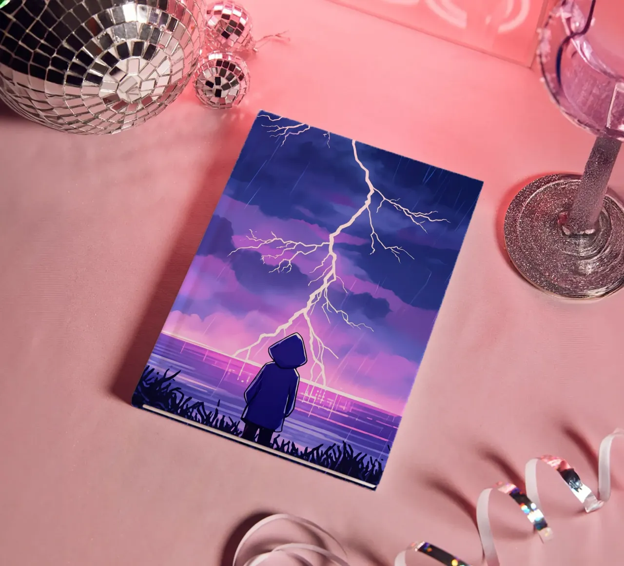 A Boy Standing And Looking At Ocean Lightning Storm Lofi Art notebook by LoFi Gallery
