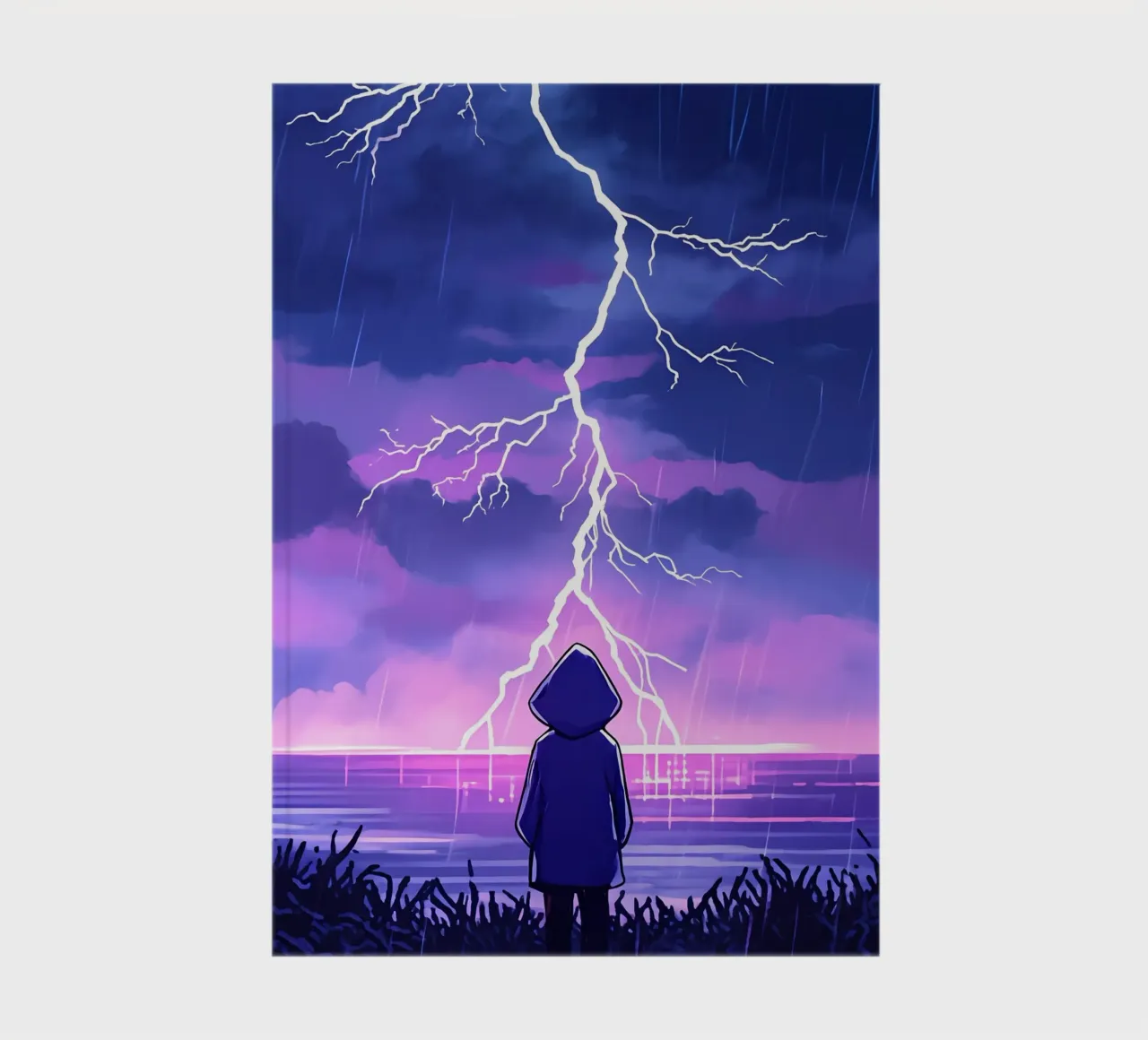 A Boy Standing And Looking At Ocean Lightning Storm Lofi Art notebook by LoFi Gallery