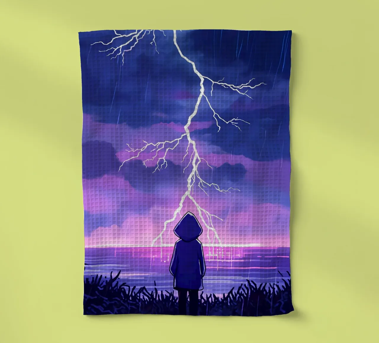 Un garçon debout et regardant l'océan, l'orage et la foudre Lofi Art torchon de LoFi Gallery
