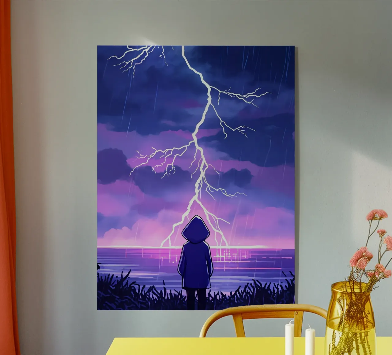 Un ragazzo in piedi e guardando l'oceano Tempesta di fulmini Lofi Art plexiglass da LoFi Gallery