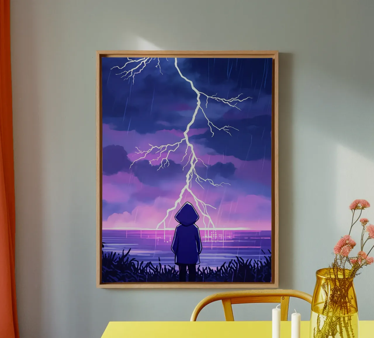 Un ragazzo in piedi e guardando l'oceano Tempesta di fulmini Lofi Art tela con Cornice a cassetta da LoFi Gallery