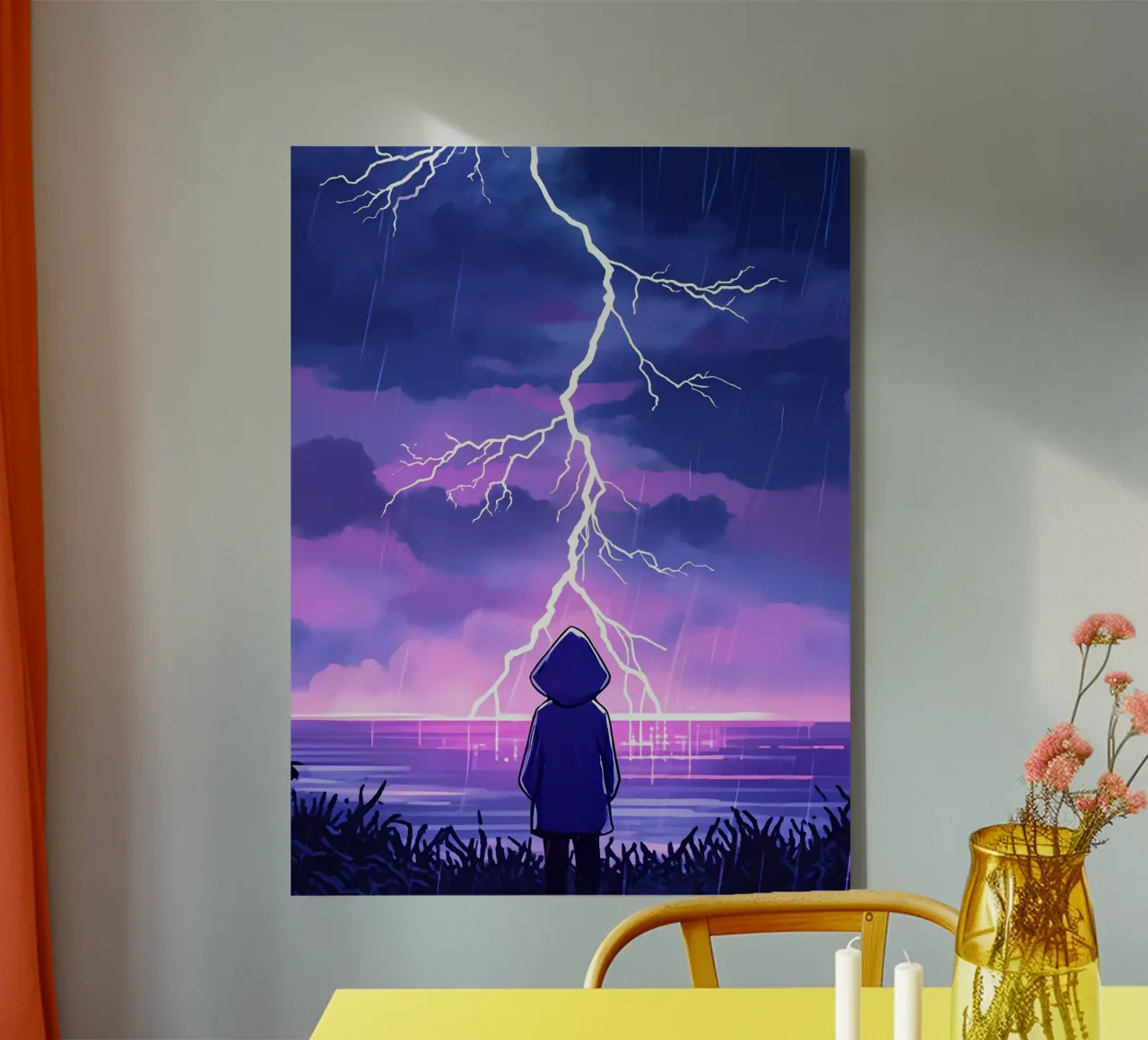 Un ragazzo in piedi e guardando l'oceano Tempesta di fulmini Lofi Art tela con Cornice a cassetta da LoFi Gallery