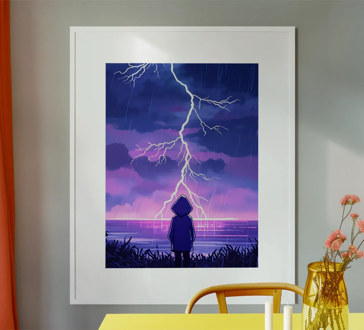 Un ragazzo in piedi e guardando l'oceano Tempesta di fulmini Lofi Art poster con telaio in alluminio da LoFi Gallery