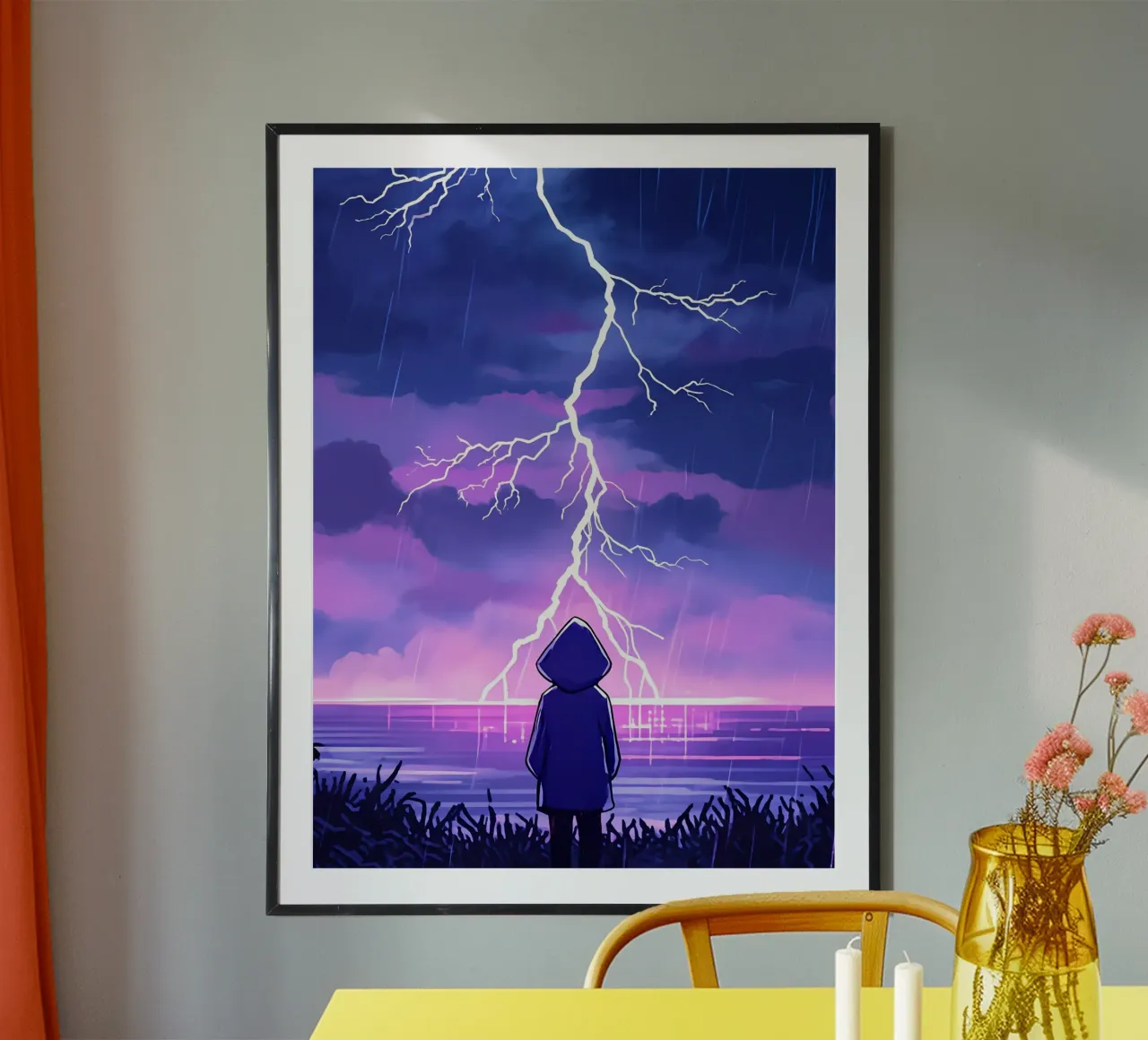 Un ragazzo in piedi e guardando l'oceano Tempesta di fulmini Lofi Art carta hahnemühle da LoFi Gallery