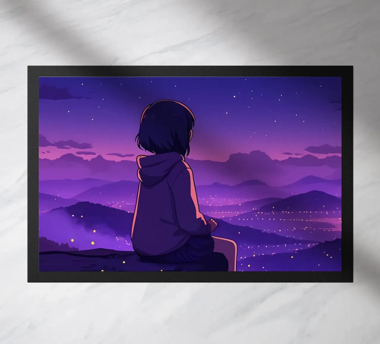 Een meisje zittend en kijkend naar landelijk nachtlampje ondersteboven Lofi Art deurmat van LoFi Gallery