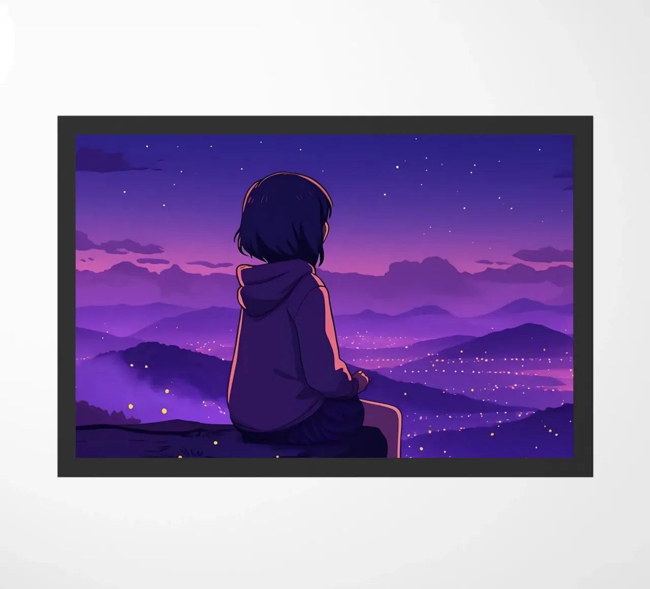 Een meisje zittend en kijkend naar landelijk nachtlampje ondersteboven Lofi Art deurmat van LoFi Gallery