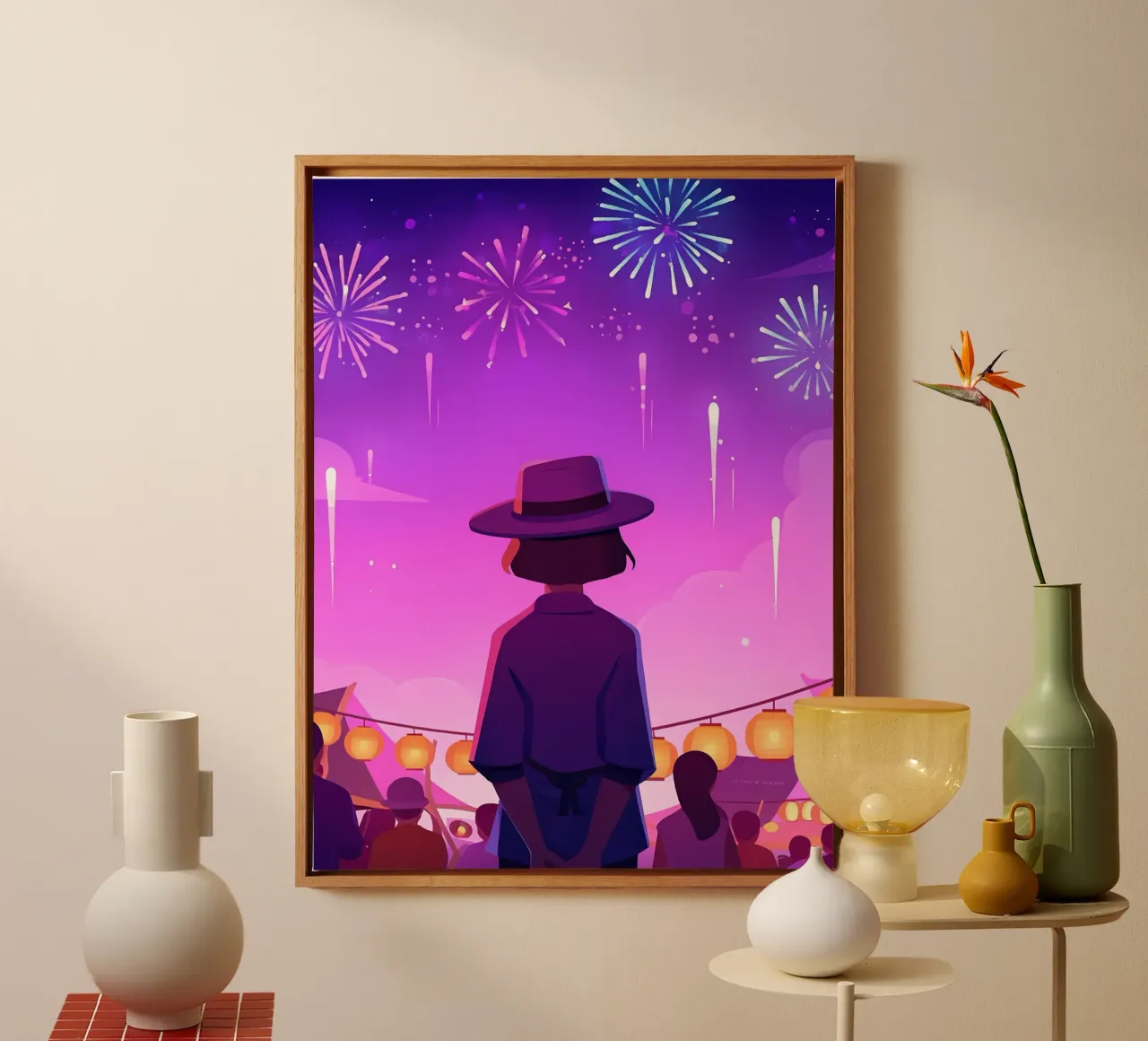 Una chica mirando los fuegos artificiales Lofi Art lienzo con Marco flotante de LoFi Gallery