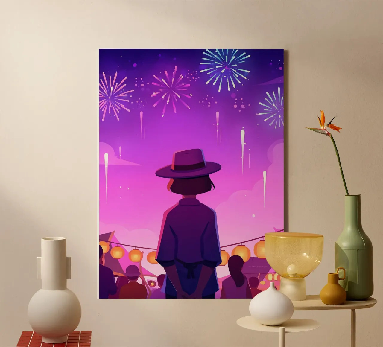 Una chica mirando los fuegos artificiales Lofi Art lienzo con Marco flotante de LoFi Gallery