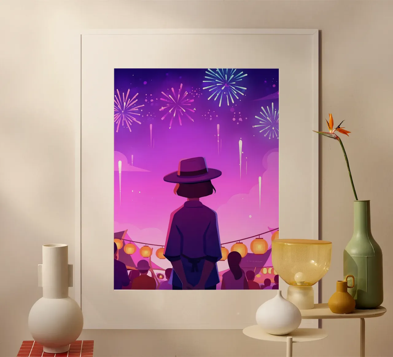 Una chica mirando los fuegos artificiales Lofi Art poster con marco de madera de LoFi Gallery