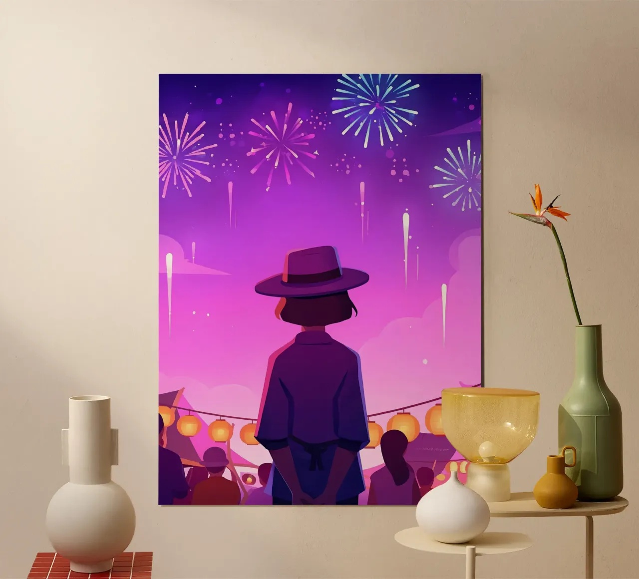 Una chica mirando los fuegos artificiales Lofi Art poster con marco de madera de LoFi Gallery