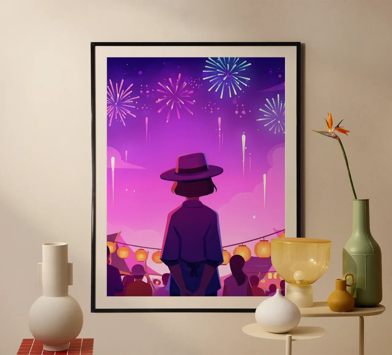 Una chica mirando los fuegos artificiales Lofi Art poster con marco de madera de LoFi Gallery