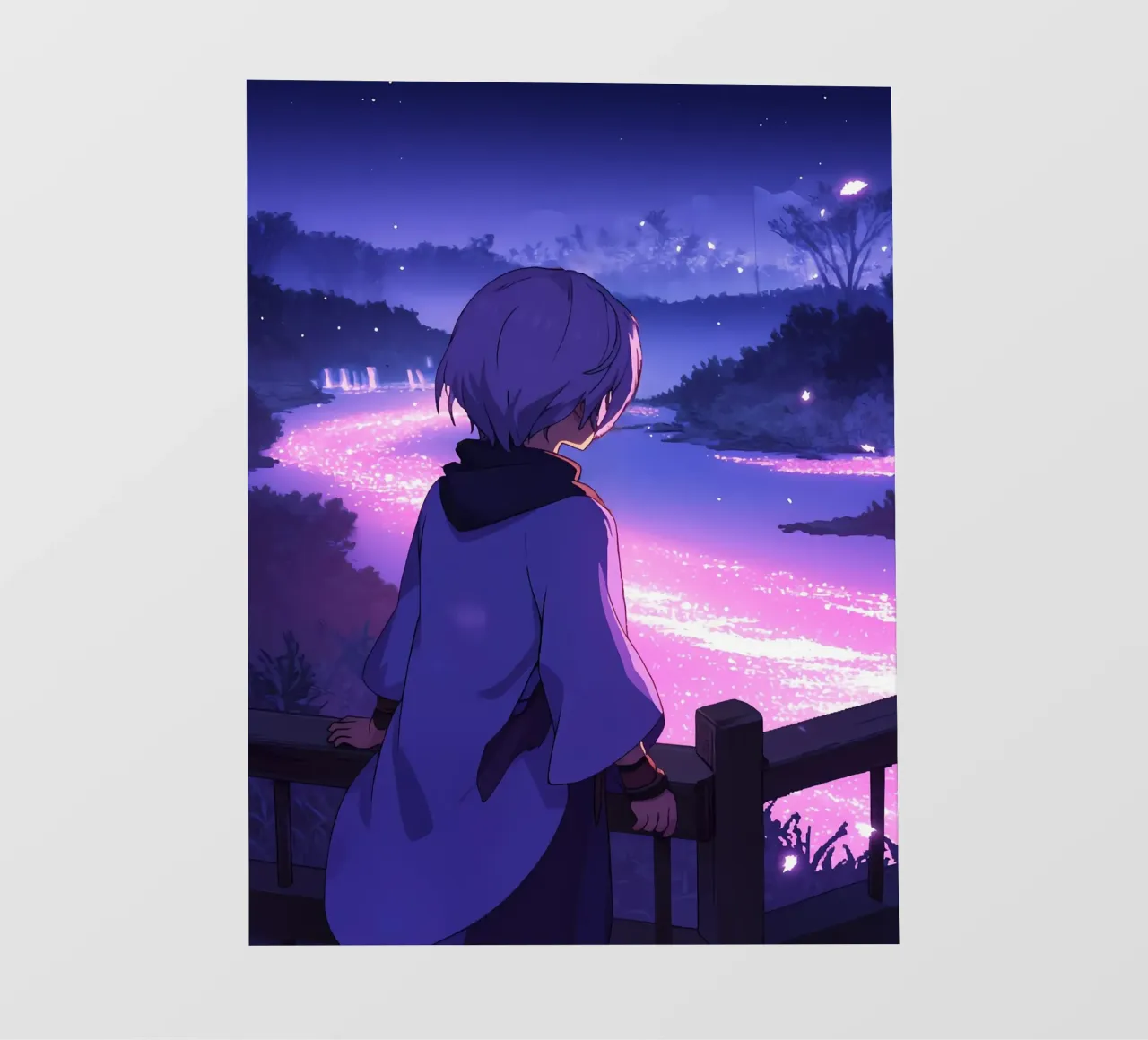 Una ragazza che guarda il fiume incandescente FLow di notte Lofi Art pellicola backlit da LoFi Gallery