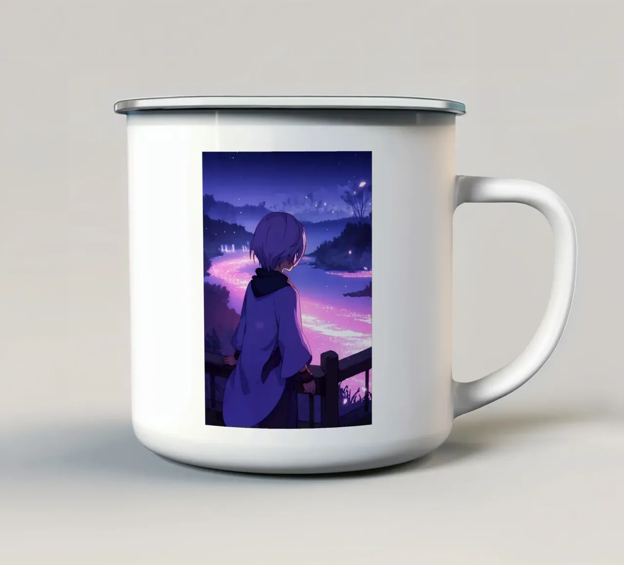 Una ragazza che guarda il fiume incandescente FLow di notte Lofi Art tazza in smalto da LoFi Gallery