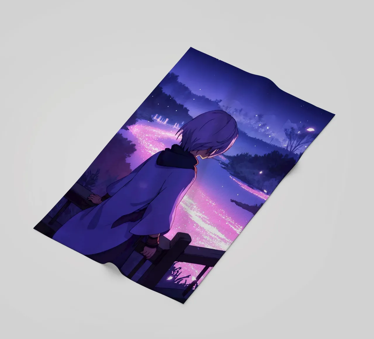 Una ragazza che guarda il fiume incandescente FLow di notte Lofi Art telo mare da LoFi Gallery
