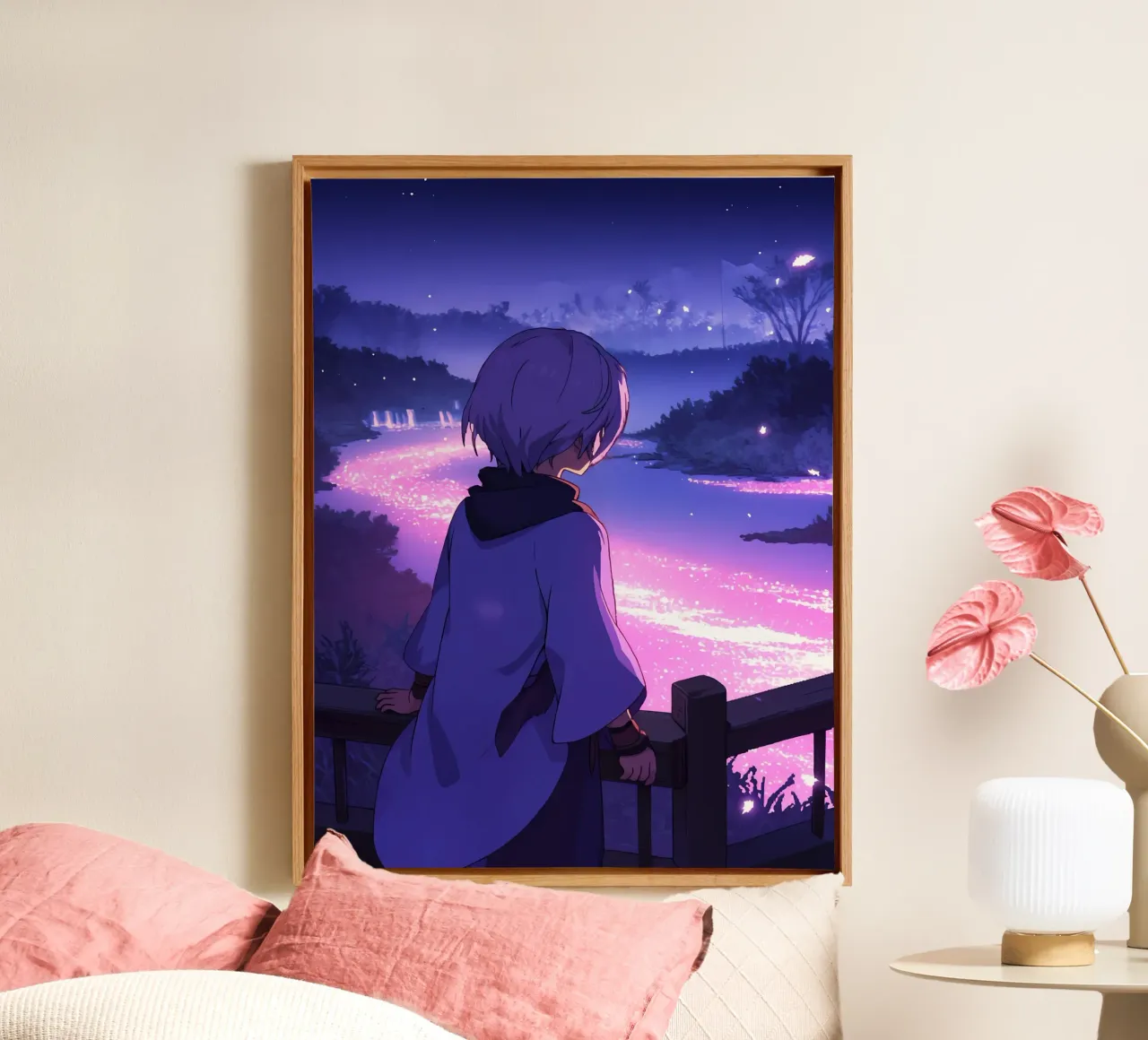 Una ragazza che guarda il fiume incandescente FLow di notte Lofi Art tela con Cornice a cassetta da LoFi Gallery