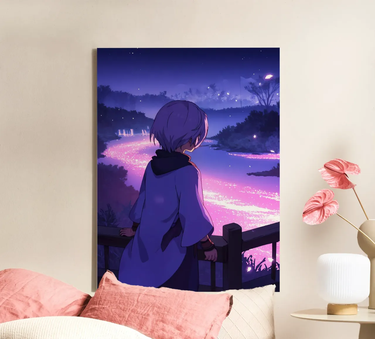 Una ragazza che guarda il fiume incandescente FLow di notte Lofi Art tela con Cornice a cassetta da LoFi Gallery
