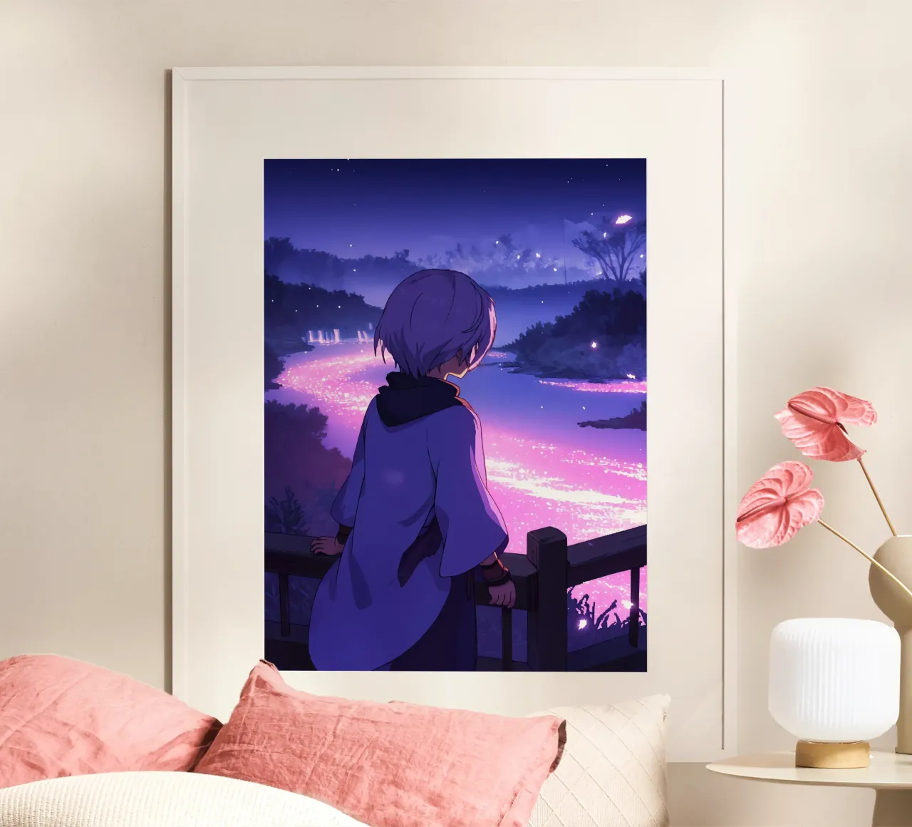 Una ragazza che guarda il fiume incandescente FLow di notte Lofi Art carta hahnemühle da LoFi Gallery