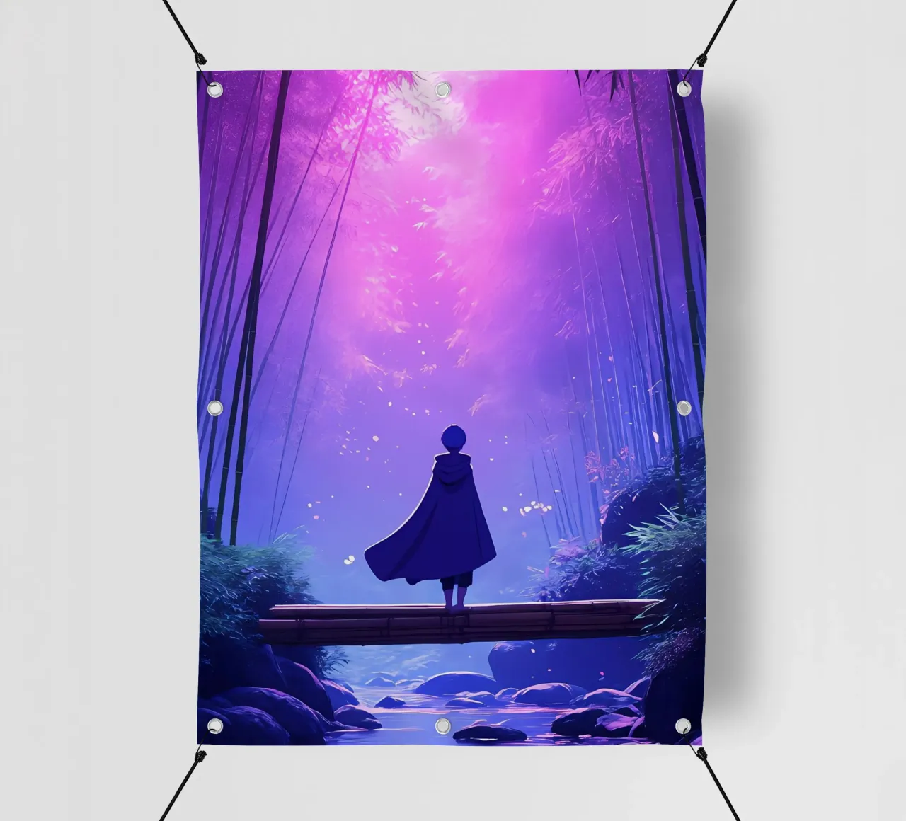 Una persona in piedi su un legno sotto la luna foresta notturna Lofi Art telo in pvc da LoFi Gallery