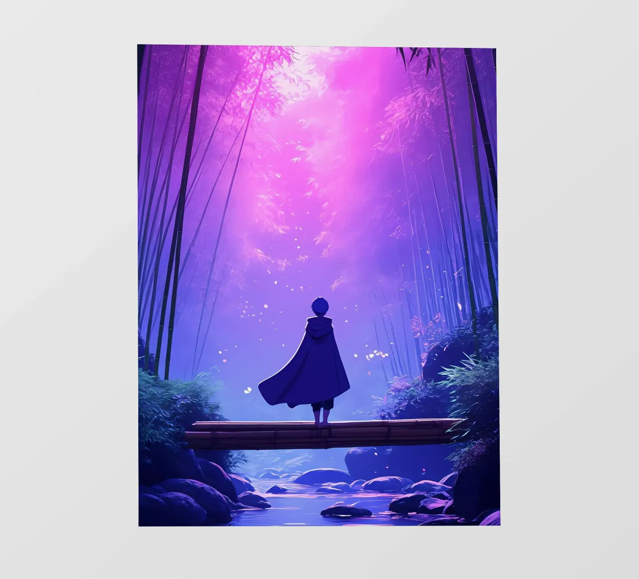 Una persona in piedi su un legno sotto la luna foresta notturna Lofi Art telo in pvc da LoFi Gallery