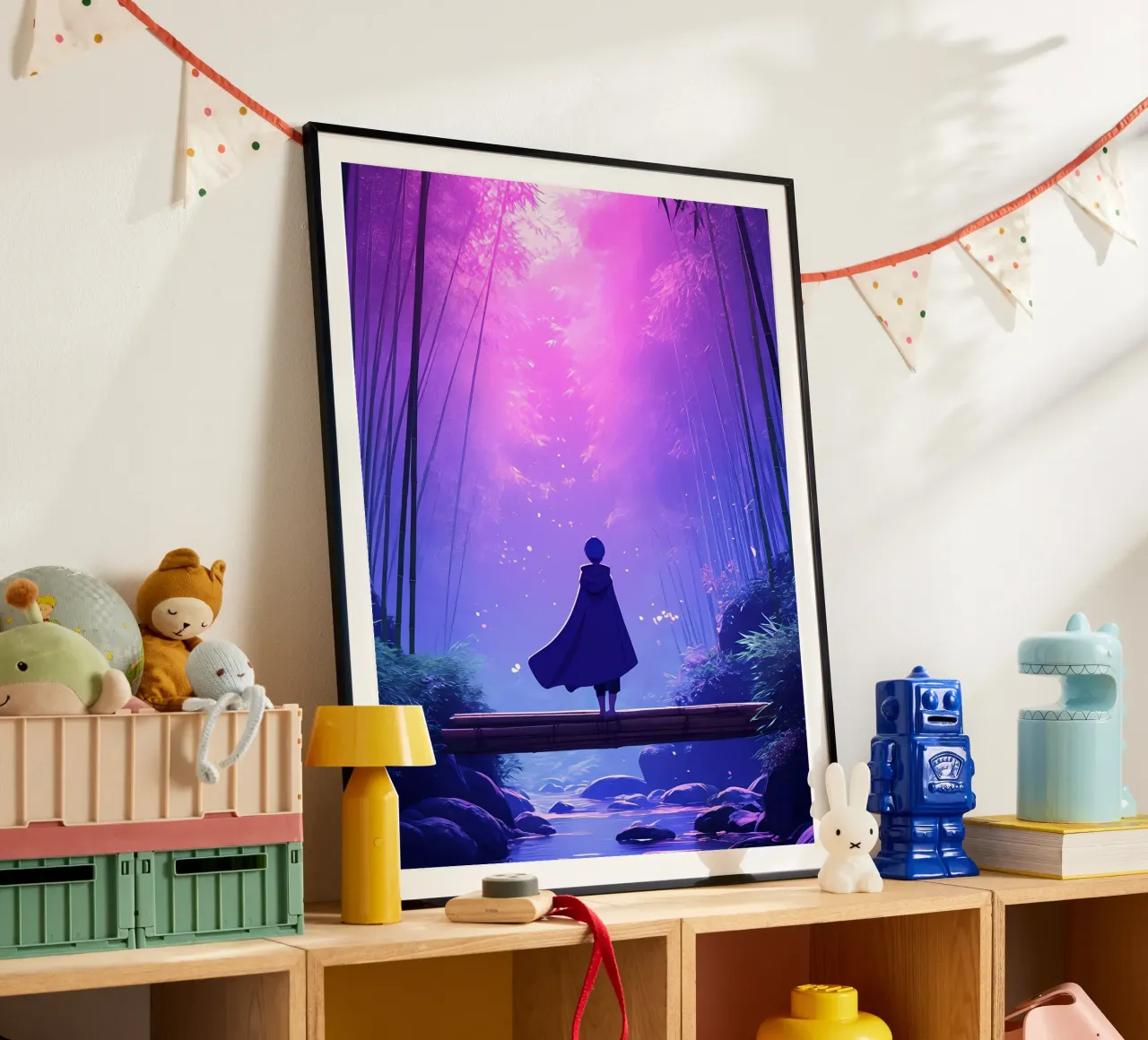 Una persona in piedi su un legno sotto la luna foresta notturna Lofi Art poster con telaio in legno da LoFi Gallery