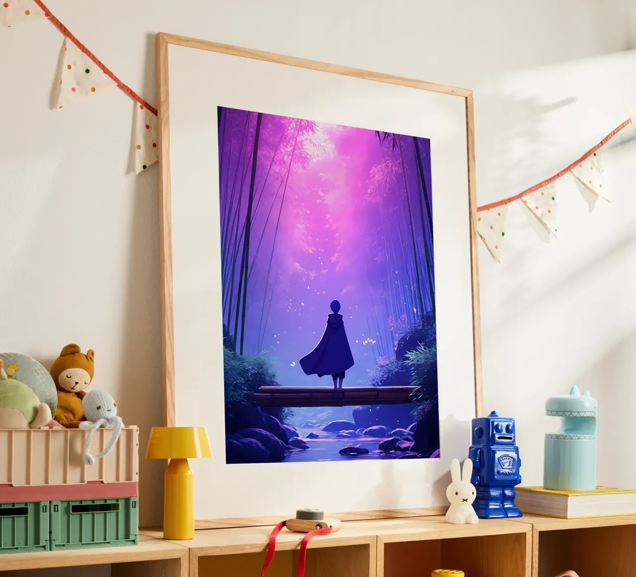 Una persona in piedi su un legno sotto la luna foresta notturna Lofi Art poster con telaio in legno da LoFi Gallery