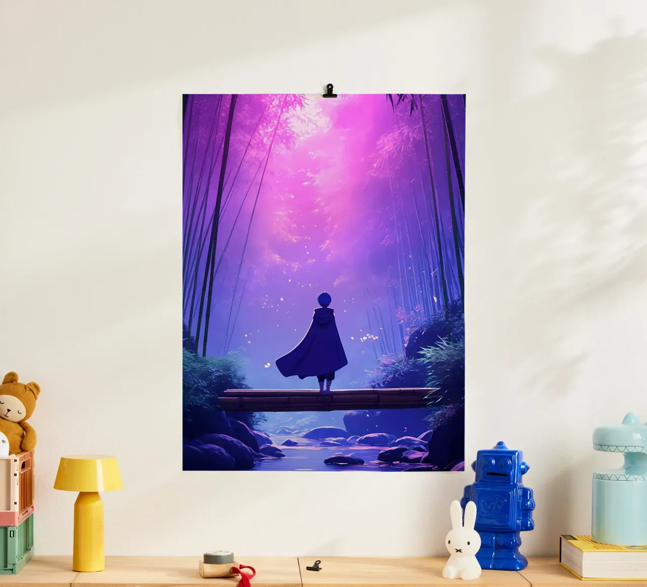 Una persona in piedi su un legno sotto la luna foresta notturna Lofi Art poster con telaio in legno da LoFi Gallery