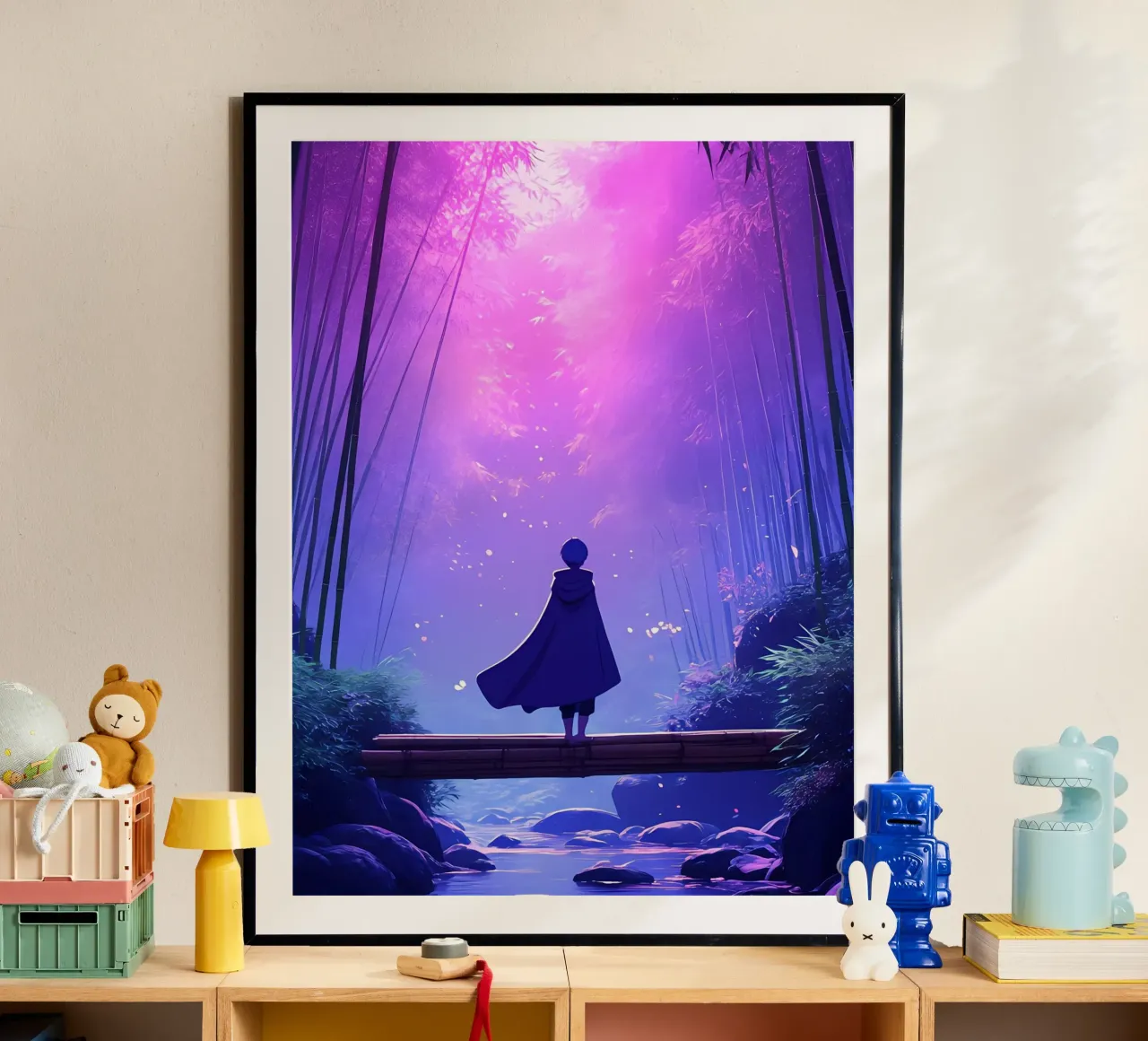 Una persona in piedi su un legno sotto la luna foresta notturna Lofi Art poster con telaio in legno da LoFi Gallery