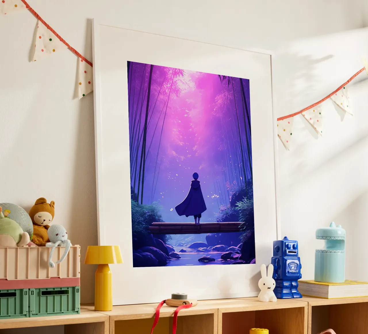 Una persona in piedi su un legno sotto la luna foresta notturna Lofi Art poster con telaio in legno da LoFi Gallery