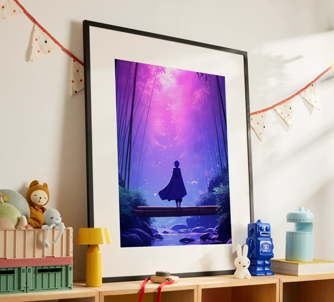 Una persona in piedi su un legno sotto la luna foresta notturna Lofi Art poster con telaio in legno da LoFi Gallery