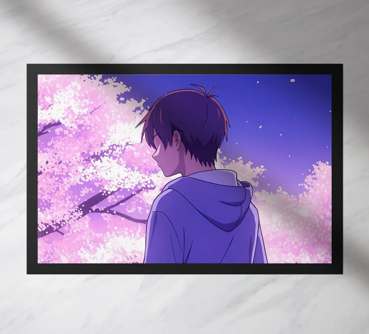 Un ragazzo che guarda gli alberi di ciliegio in fiore di sera Lofi Art zerbino da LoFi Gallery