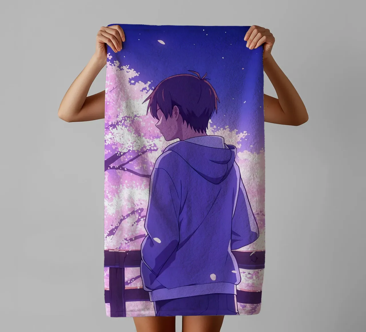 A Boy Looking At Cherry Blossom Trees In Evening Lofi Art towel by LoFi Gallery