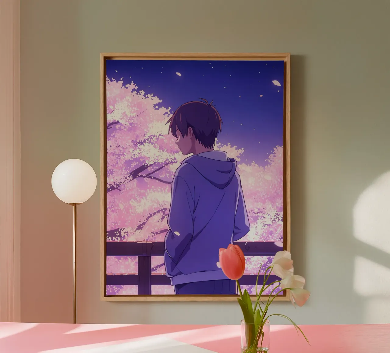 Un ragazzo che guarda gli alberi di ciliegio in fiore di sera Lofi Art tela da LoFi Gallery