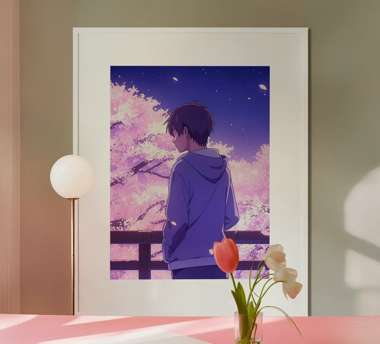 Un ragazzo che guarda gli alberi di ciliegio in fiore di sera Lofi Art poster con telaio in plastica da LoFi Gallery