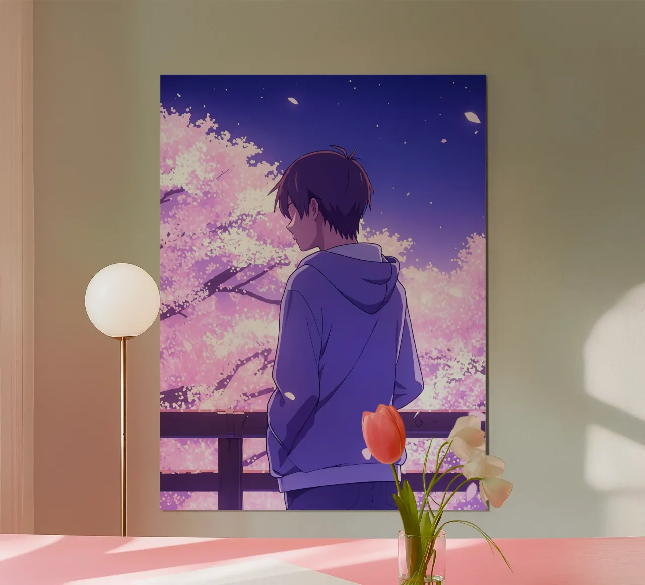 Un ragazzo che guarda gli alberi di ciliegio in fiore di sera Lofi Art poster con telaio in plastica da LoFi Gallery
