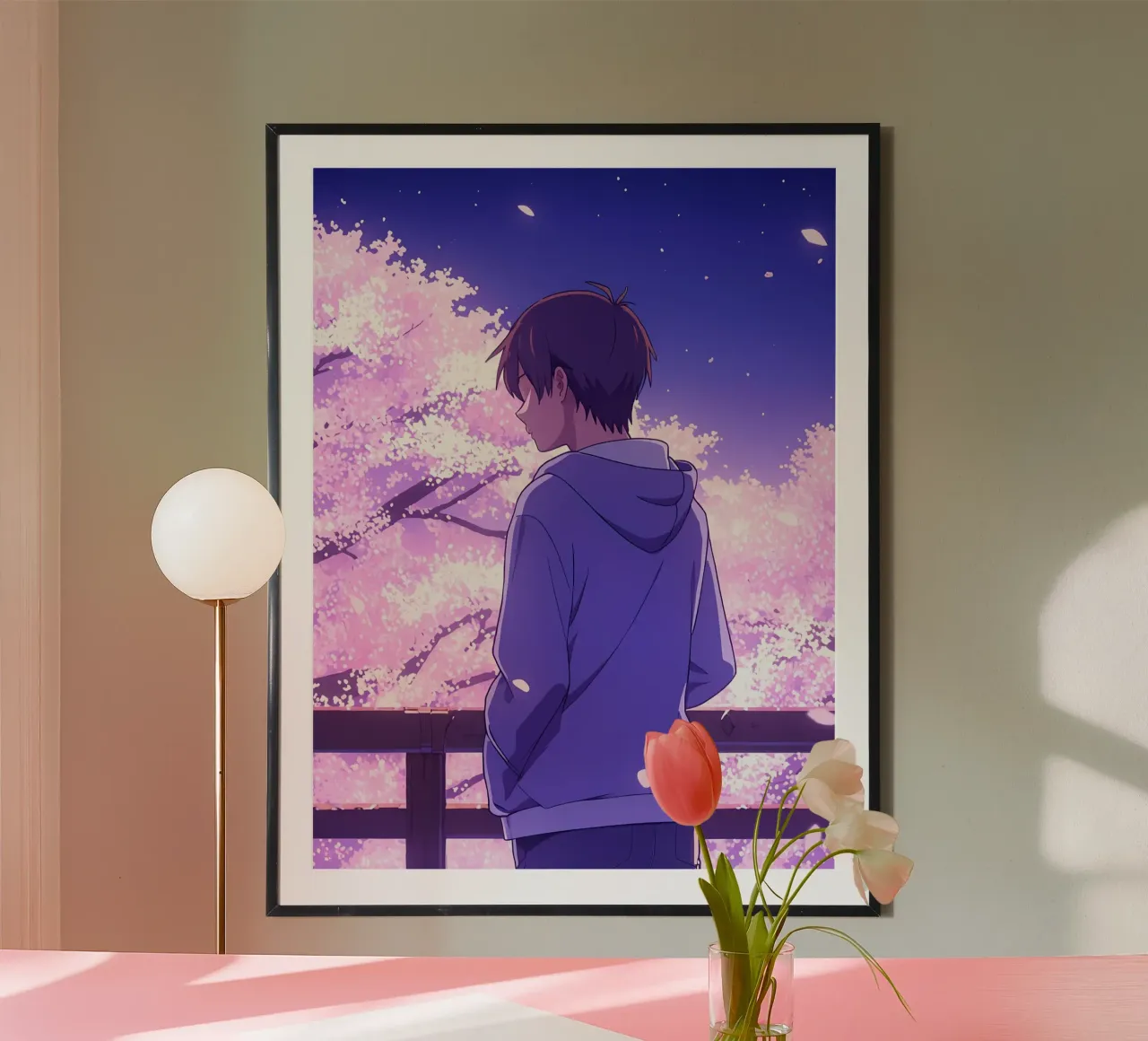 Un ragazzo che guarda gli alberi di ciliegio in fiore di sera Lofi Art poster con telaio in plastica da LoFi Gallery