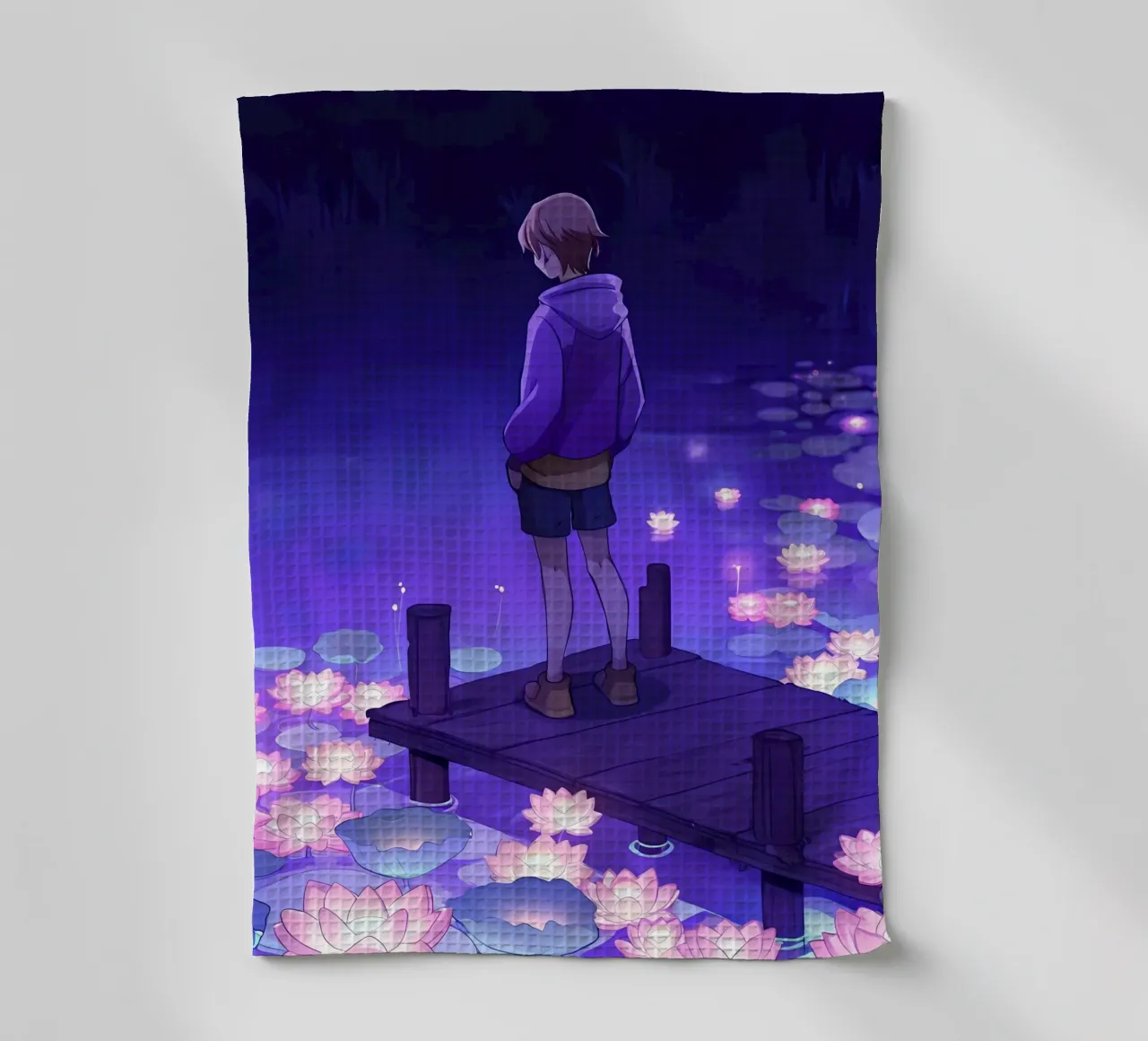 Un garçon regardant des fleurs d'eau lumineuses Lofi Art torchon de LoFi Gallery
