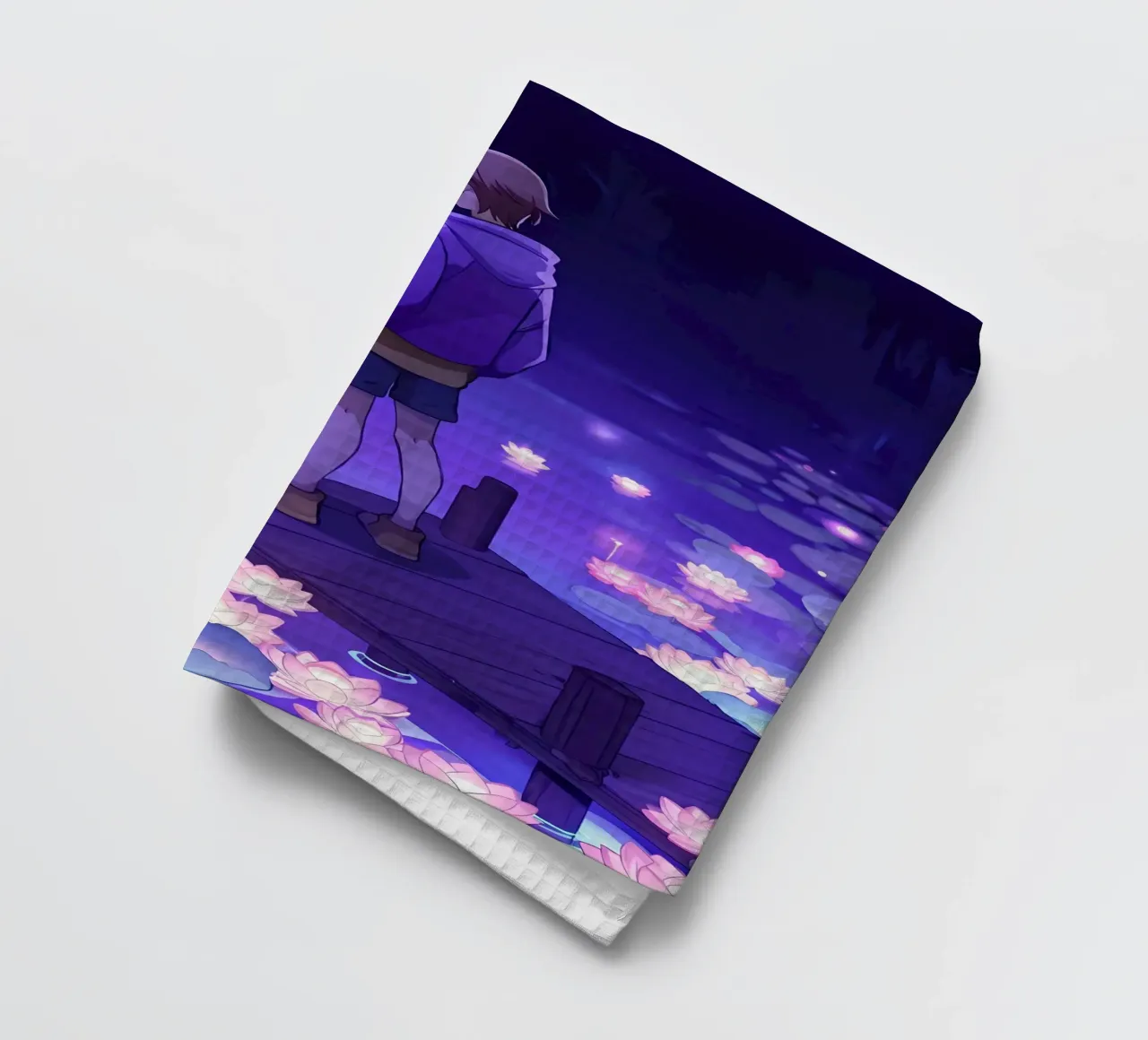 Un garçon regardant des fleurs d'eau lumineuses Lofi Art torchon de LoFi Gallery
