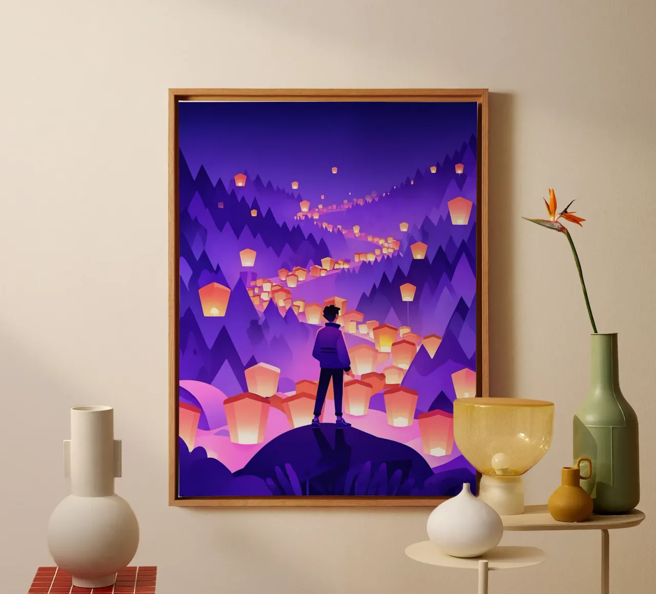 Ein Mann, der auf einem Felsen steht und nach dem Dorffest sucht Lofi Art Leinwand mit Schattenfugenrahmen von LoFi Gallery