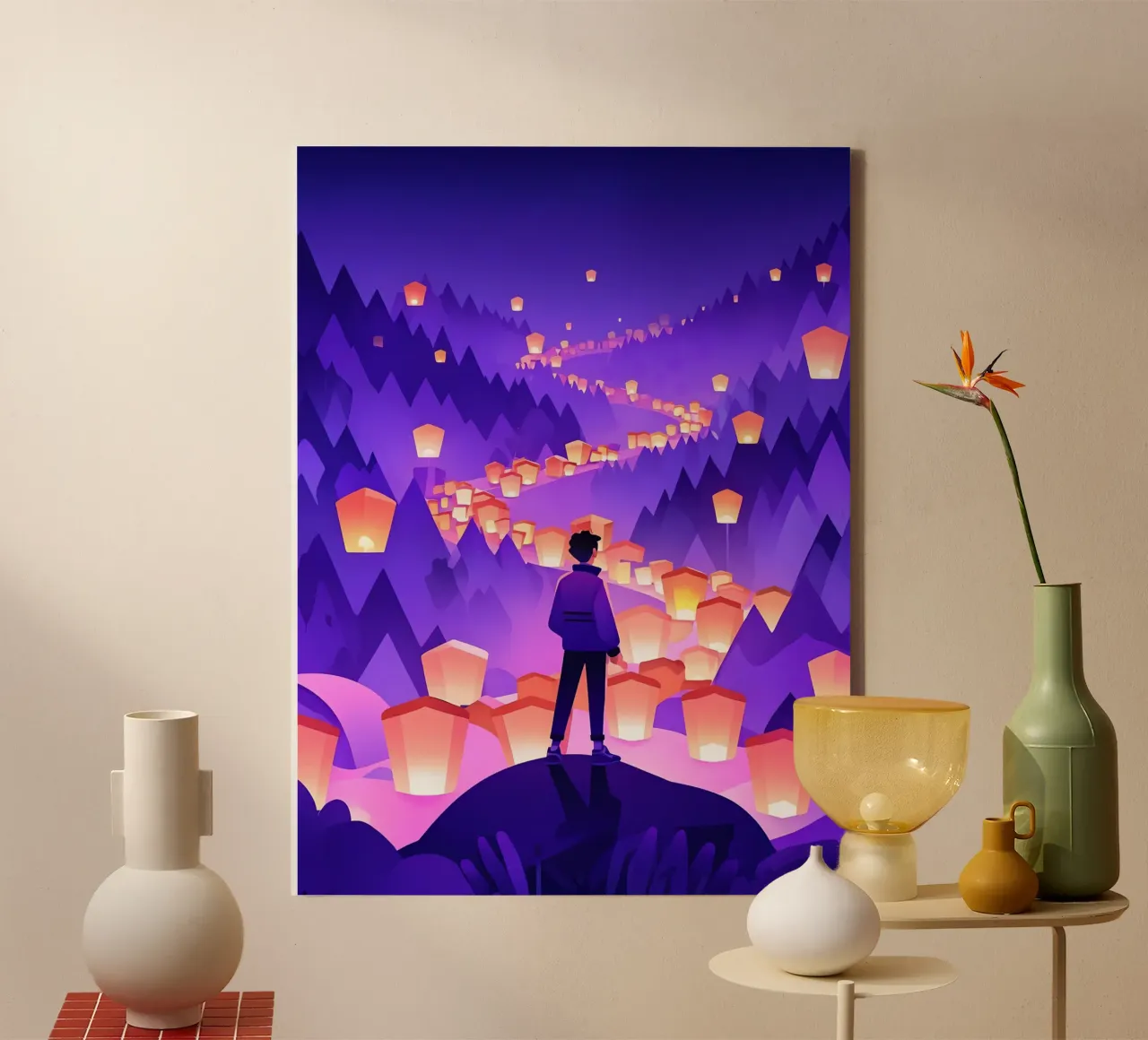 Ein Mann, der auf einem Felsen steht und nach dem Dorffest sucht Lofi Art Leinwand mit Schattenfugenrahmen von LoFi Gallery