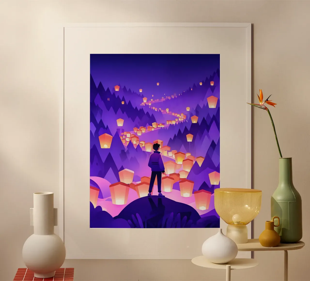 Ein Mann, der auf einem Felsen steht und nach dem Dorffest sucht Lofi Art Poster von LoFi Gallery