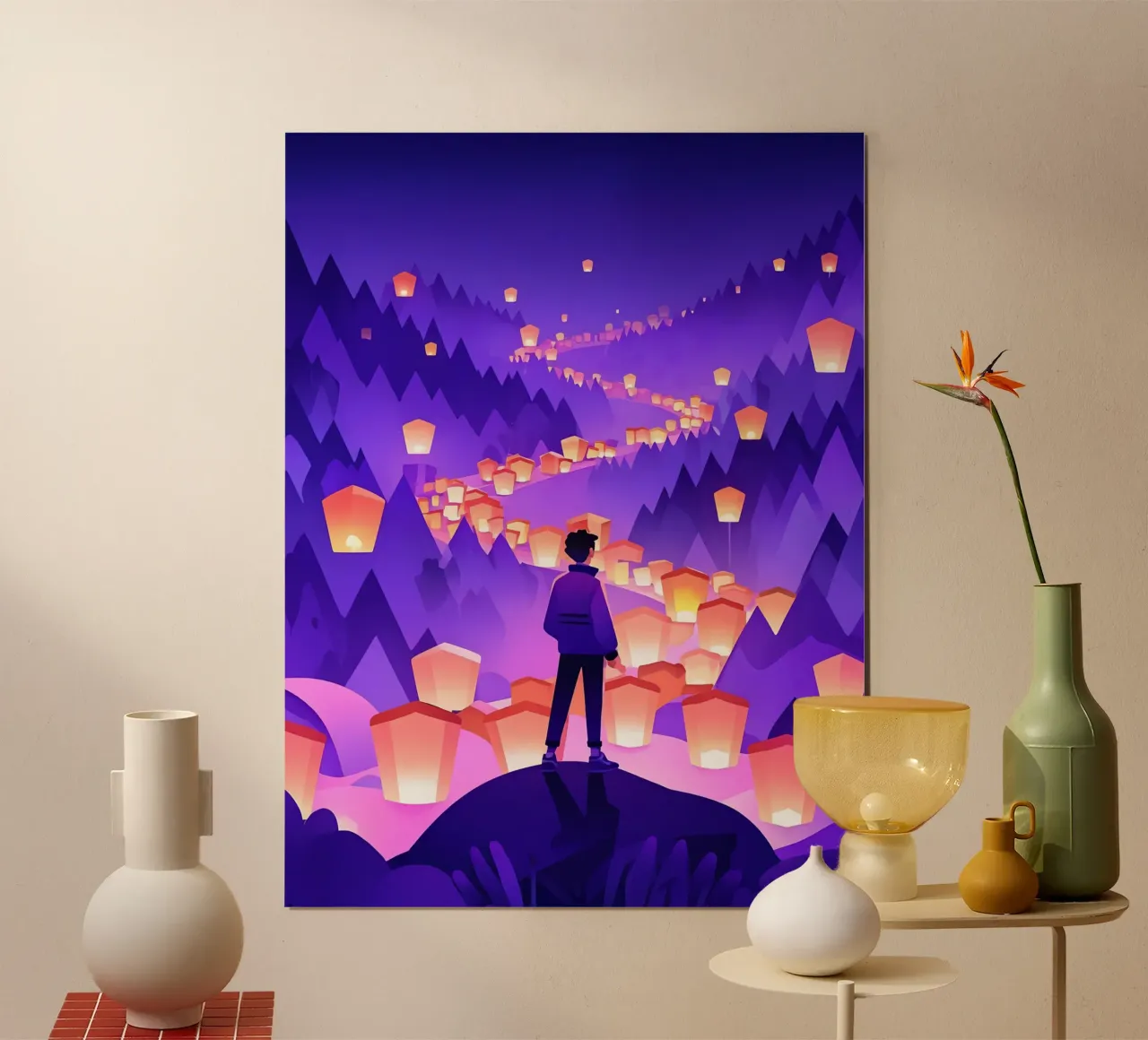 Ein Mann, der auf einem Felsen steht und nach dem Dorffest sucht Lofi Art Poster von LoFi Gallery