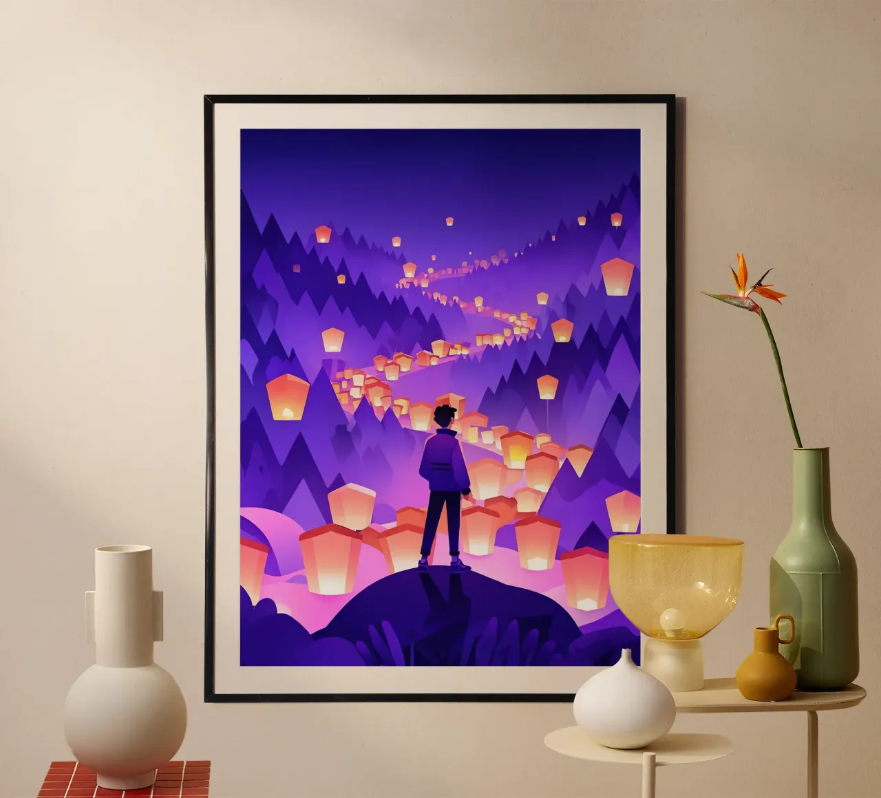Ein Mann, der auf einem Felsen steht und nach dem Dorffest sucht Lofi Art Poster von LoFi Gallery